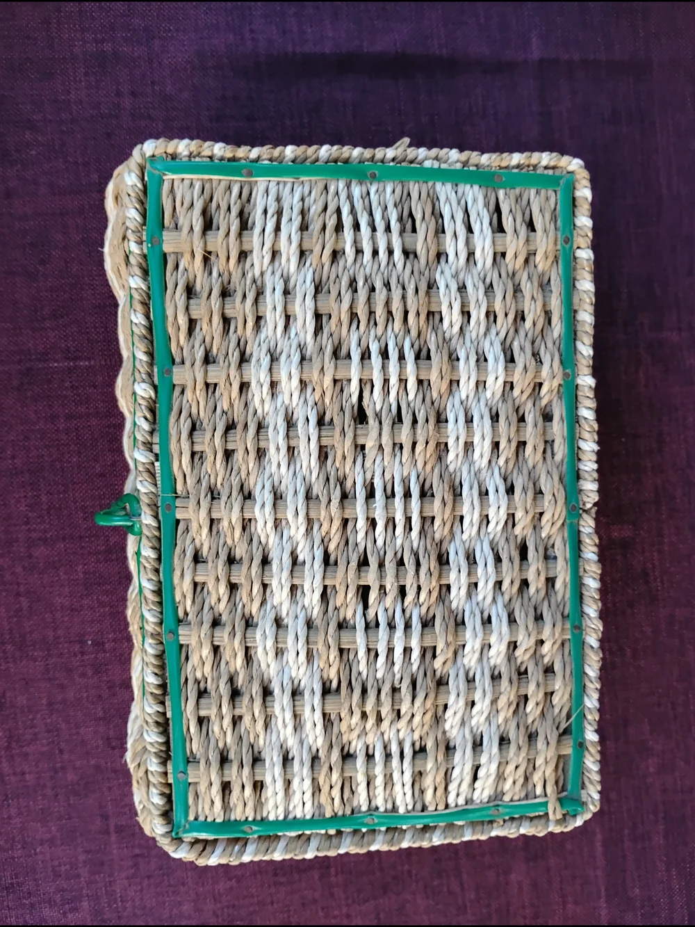 Vtg Wicker Sewing Basket Woven Beige  w/Green Lining Mid Century Made in Japan